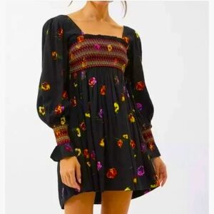 Urban Outfitters Black Floral Smocked Long sleeve Mini Dress- Size Small